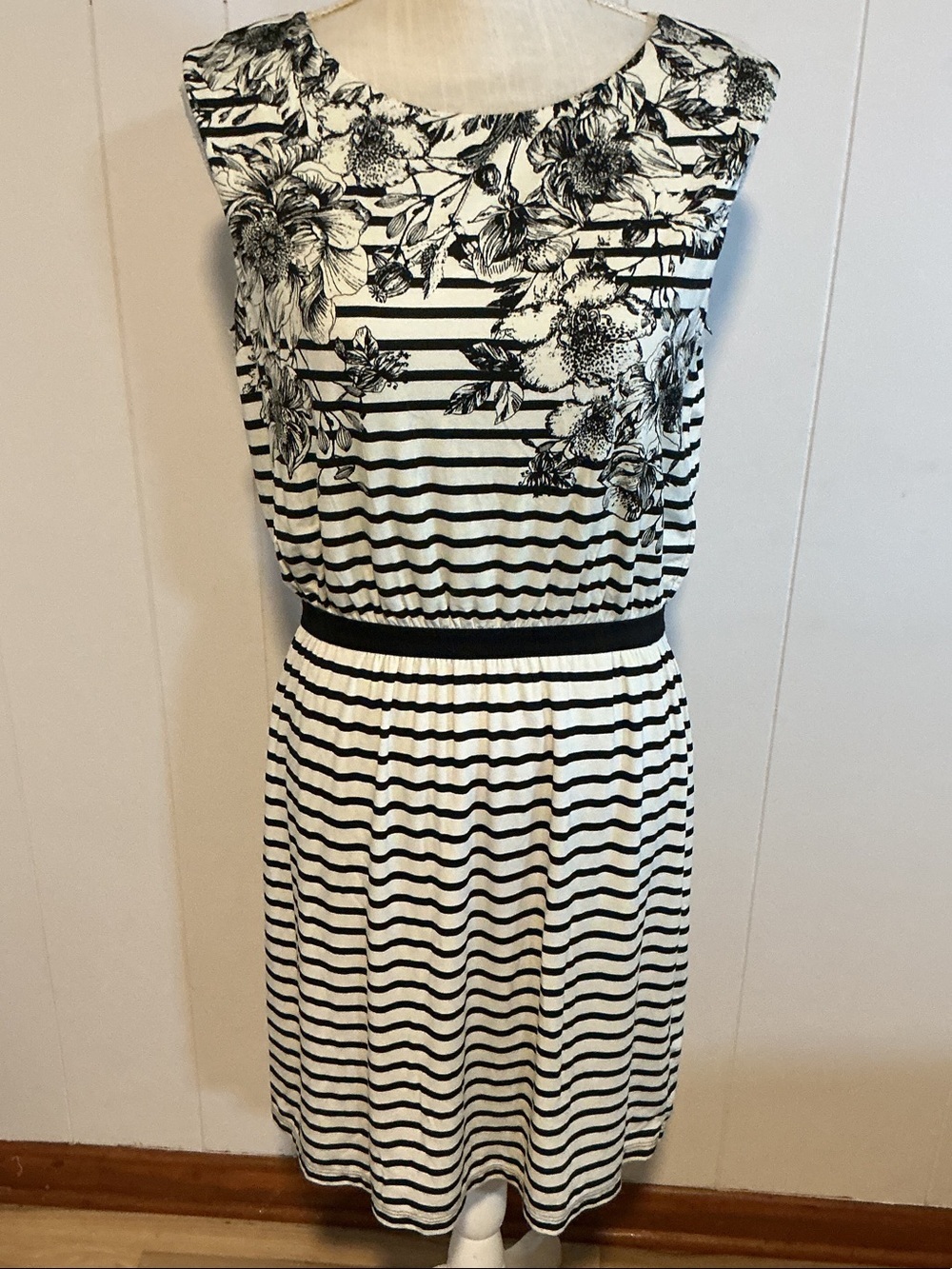 LOFT Black & White Floral Stripe Midi Dress